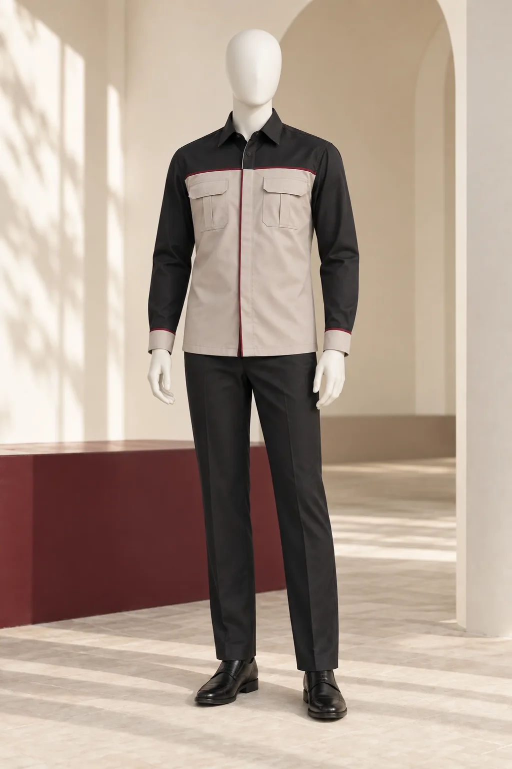 Manekin tunggal mengenakan Pakaian Harian Dinas charcoal, warm stone, dan burgundy