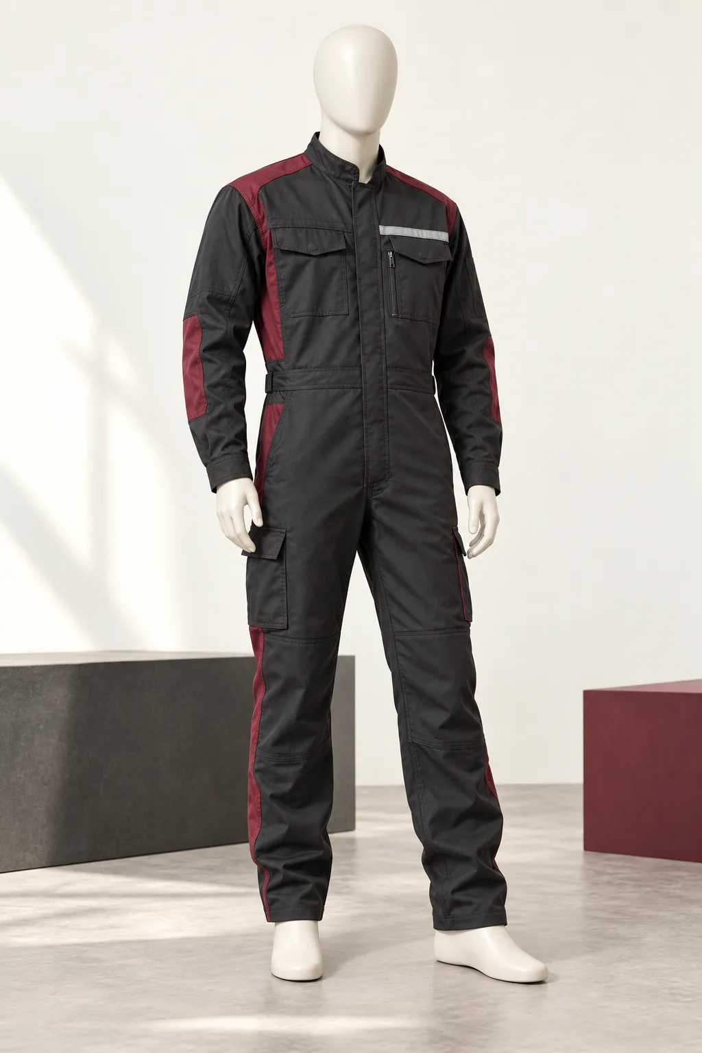 Manekin tunggal mengenakan wearpack charcoal dan burgundy